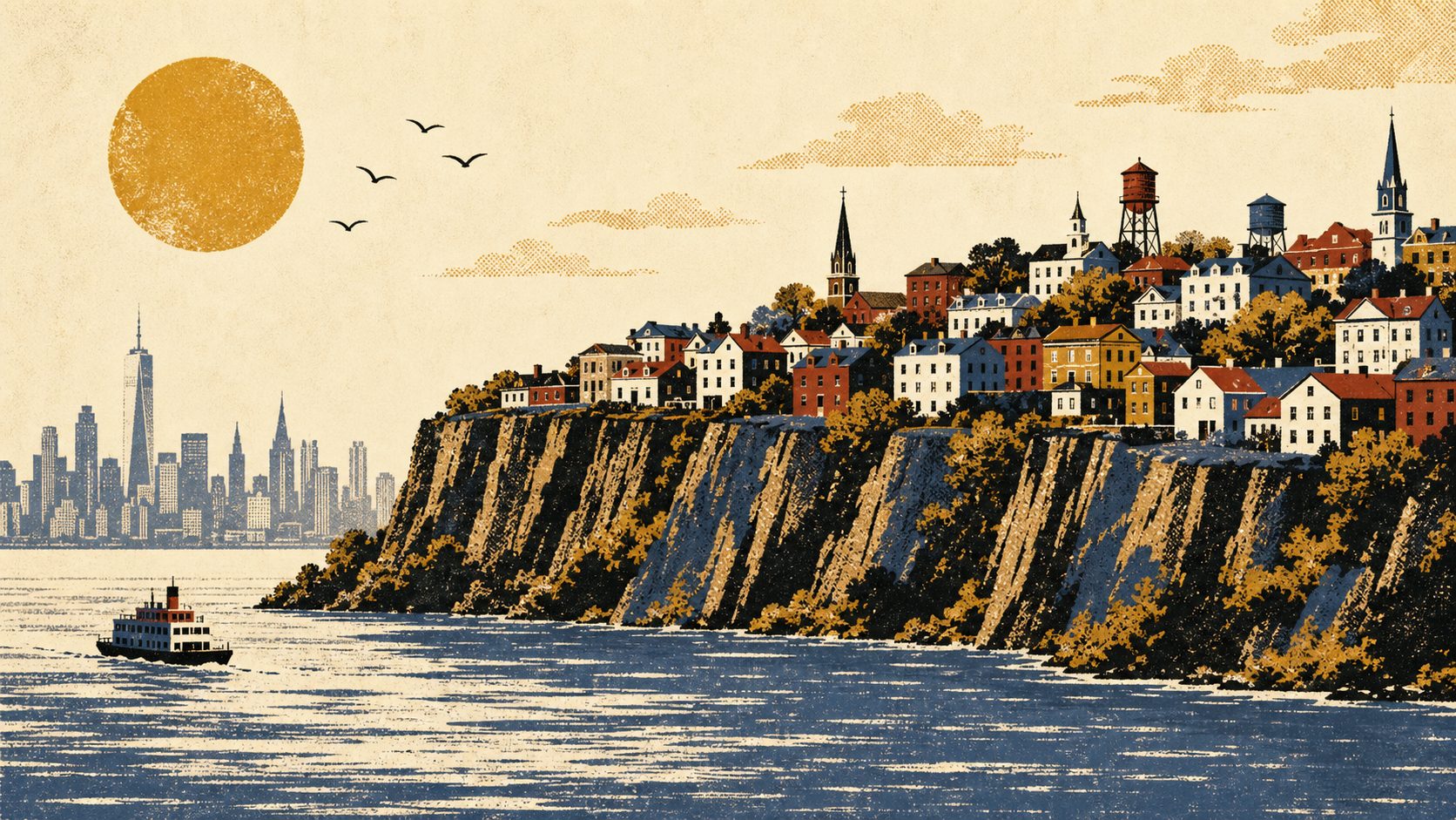 Editorial illustration of North Bergen on the Palisades, from the agent-built newspaper